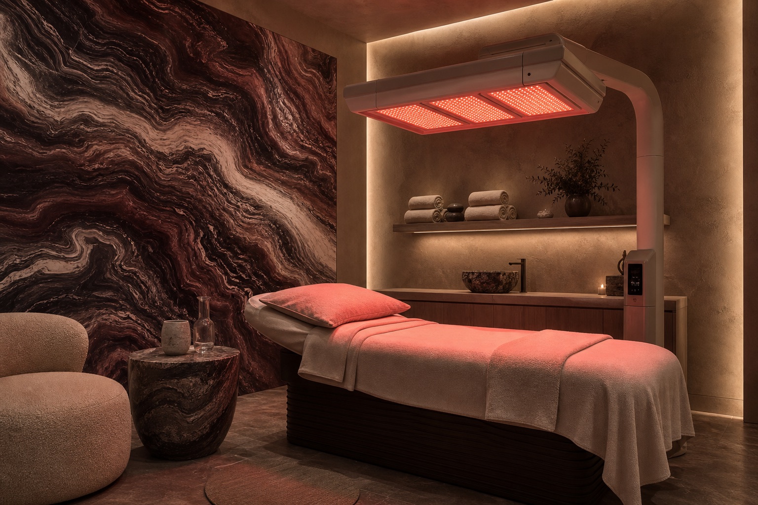 Red light therapy room with treatment bed and warm mineral interior