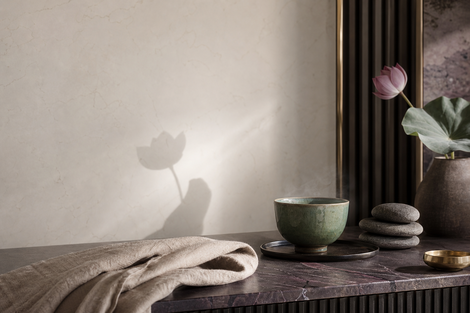 Tea bowl, lotus and calm lounge detail